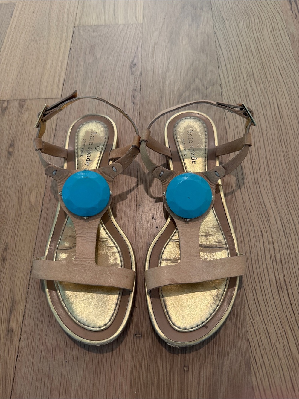 kate spade Tan leather Sandals with Turquoise Medallion 37